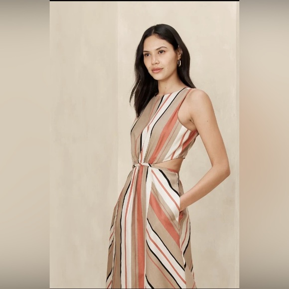 Banana Republic Linen Blend Striped Cutout Midi Dress Size 6 - Picture 1 of 9